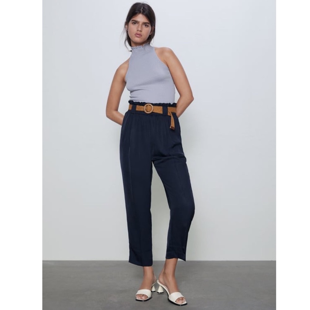 NWT ZARA HIGH WAISTED BELTED PANT BLOGGERS FAV NAVY LARGE